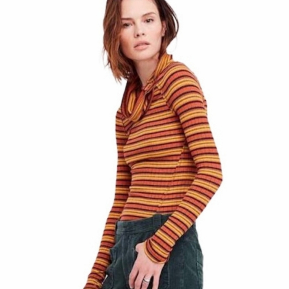 Free People NEW Striped Fitted Cowl Neck Knit Top Size XS Orange Boho